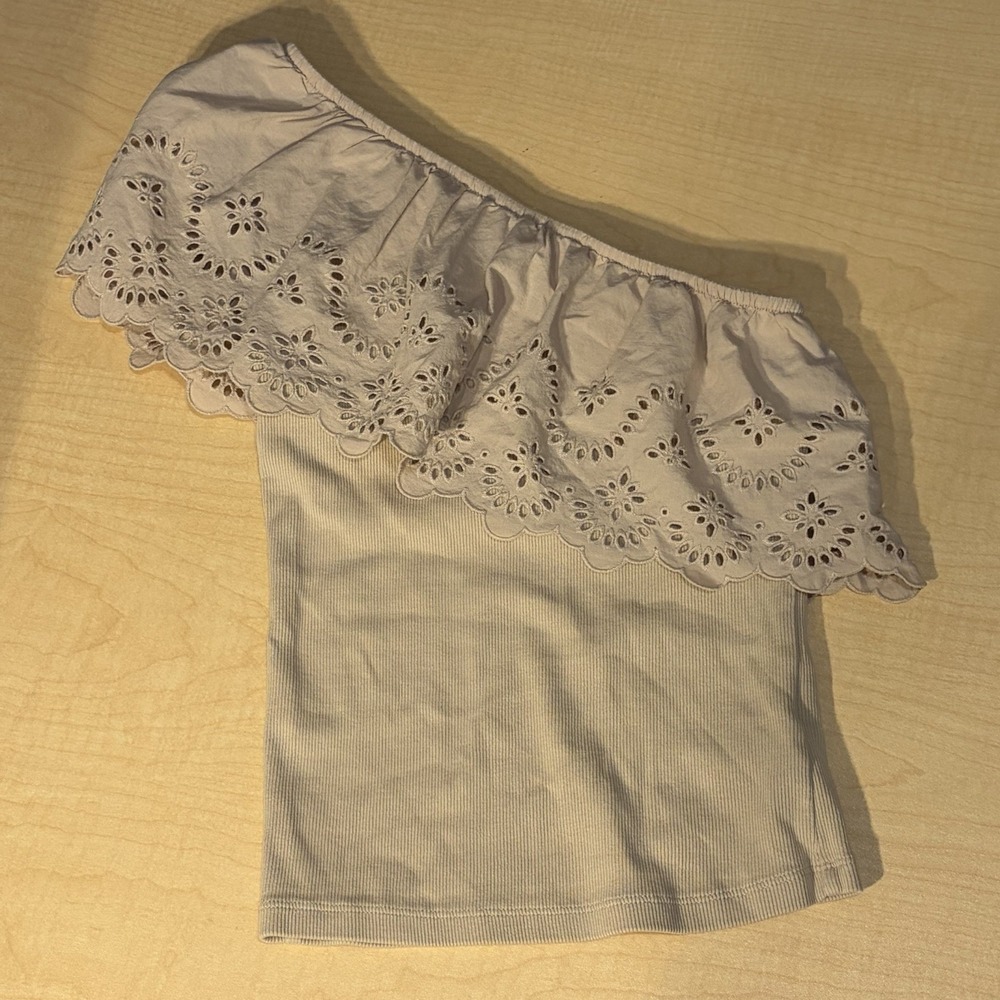 Old Navy One Shoulder Eyelet Top XS Camel Ruffle Sleeve Asymmetrical Blouse